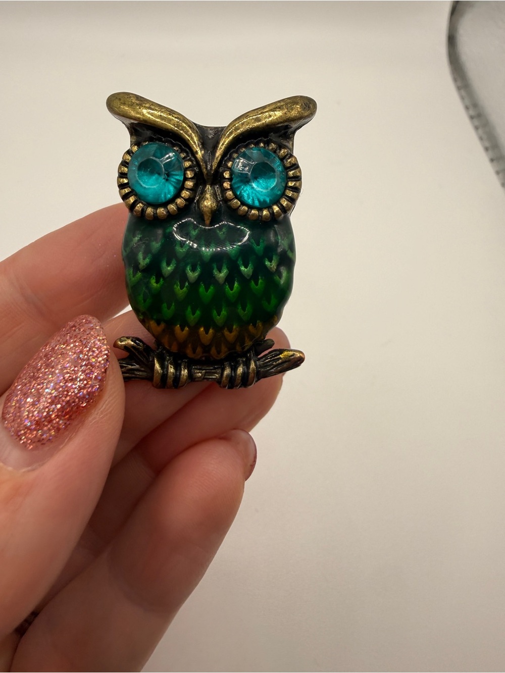 Green Owl Statement Stretch Ring with Teal Crystal Eyes